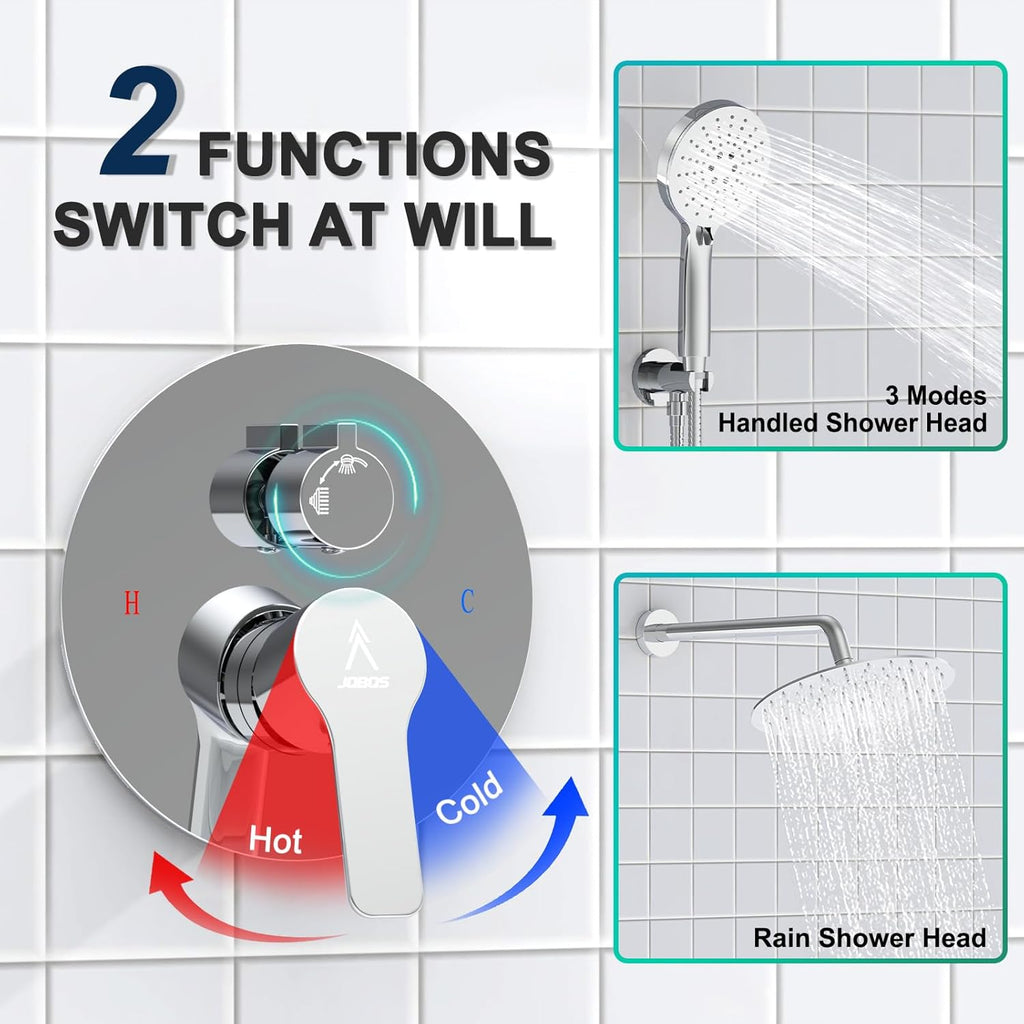 Shower Faucet Set 10IN Brass Rough-In Valve Body Trim Kit Rainfall Included Handle Accessories Complete 2 Functions with Rain Head and Handheld Bathroom Systems (10'', Chrome Polished)