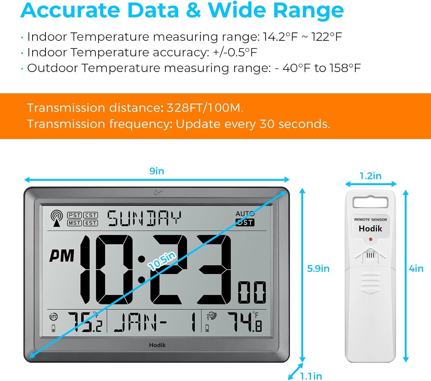 Wall Clock Atomic with Indoor Outdoor Temperature Battery Powered, Easy Reading with 10.5 Inch Large LCD Display, 330FT Range Table Wall Clock With DST, 12/24 Hour for Living Room Kitchen (Silver)