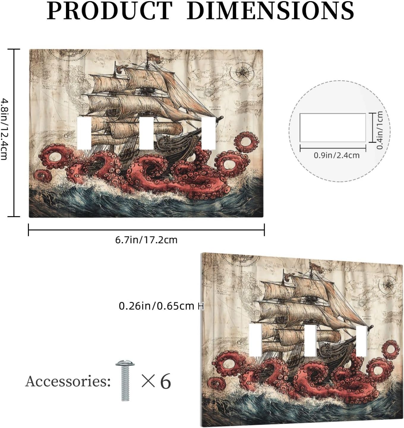 Decorative Switch Plates Vintage Octopus Ocean Sailboat Bizarre Adventure 3 Gang Wall Plate Faceplate Triple Toggle Light Switch Cover Electrical Wall Panels for Bathroom Kids room Decor