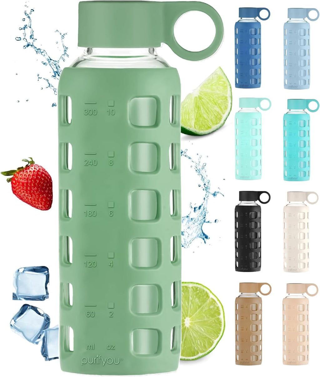 purifyou 40oz / 32oz / 22oz / 12oz Borosilicate Glass Water Bottle with Time & Volume Markers, Silicone Sleeve, Stainless Steel Lid | Reusable Glass Bottle for Water & Juice (12oz Shale Green)