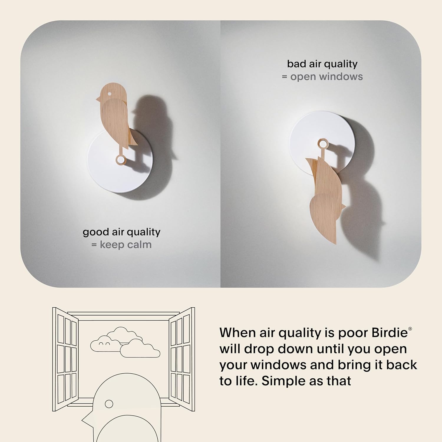 Birdie 2.0 - Design Indoor CO2 Monitor - Air Quality Meter for Home & Office - Promotes Mental & Physical Health - Modern Interior Decor - Reducing Health Risks with Clean Air (Wood, FullBirdie)