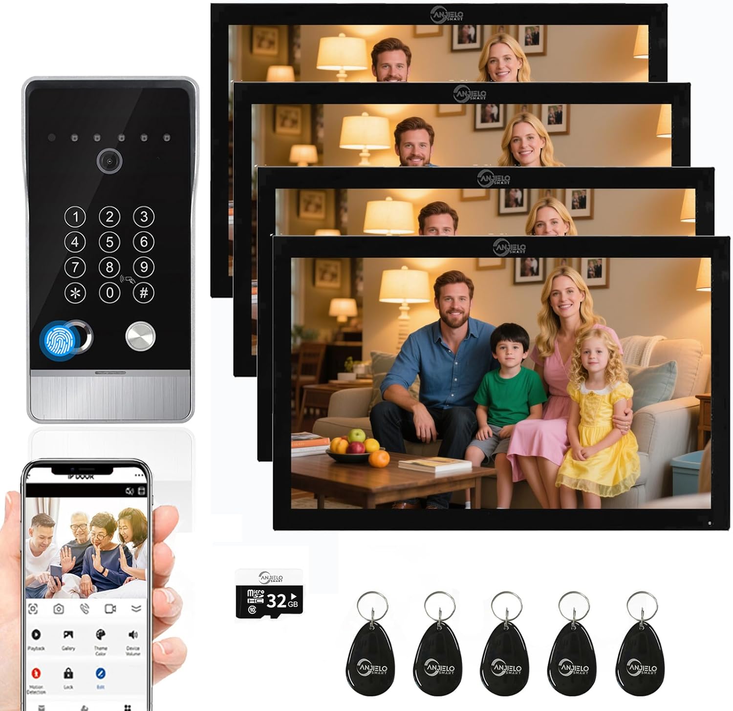 Wired Video Door Phone Apartment Intercom System,10 Inch Touch Monitor with 1080P doorbell,Support Fingerprints, RFID Cards,Passwords,Unlock Motion Detection for Home (1 Doorbell + 4 Monitor)