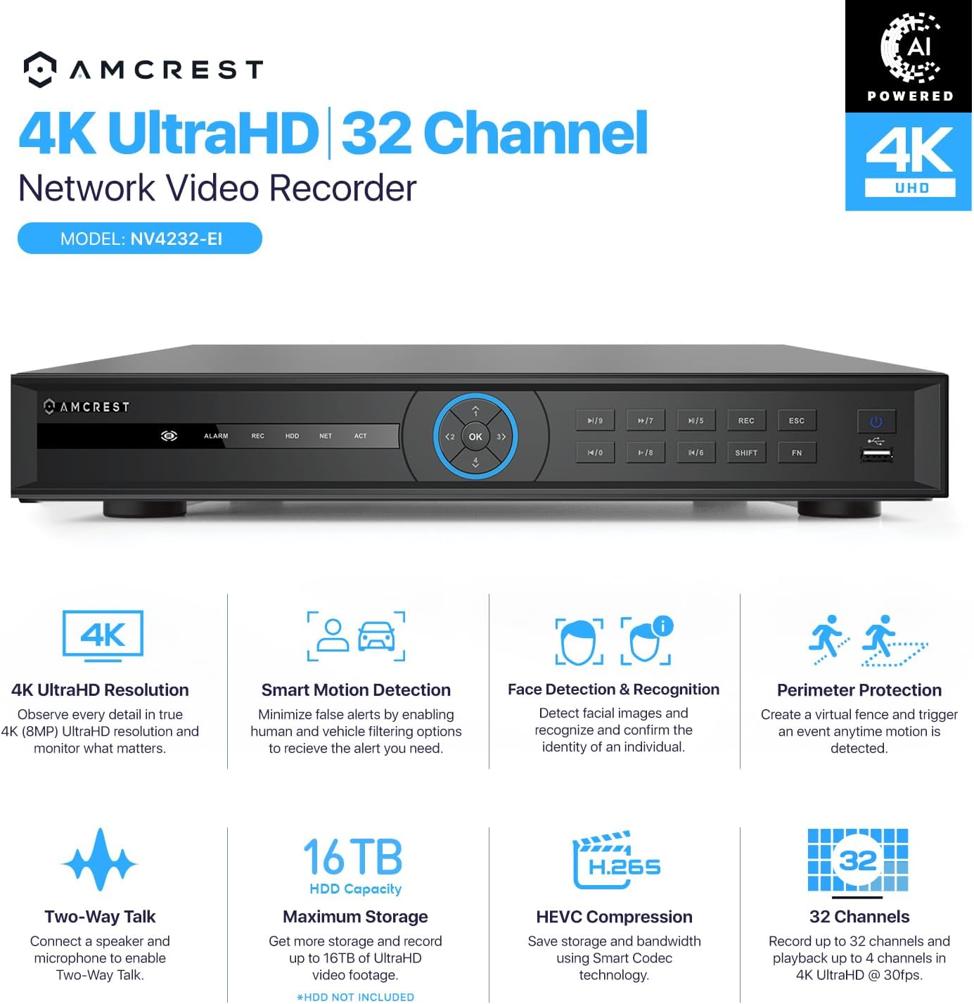Amcrest 4K NV4232-EI-4TB 32CH AI NVR, Smart NVR, Facial Recognition, Facial Detection & Vehicle Detection - Supports 32 x 4K IP Cameras, Pre-Installed 4TB HDD (No PoE Ports Included)