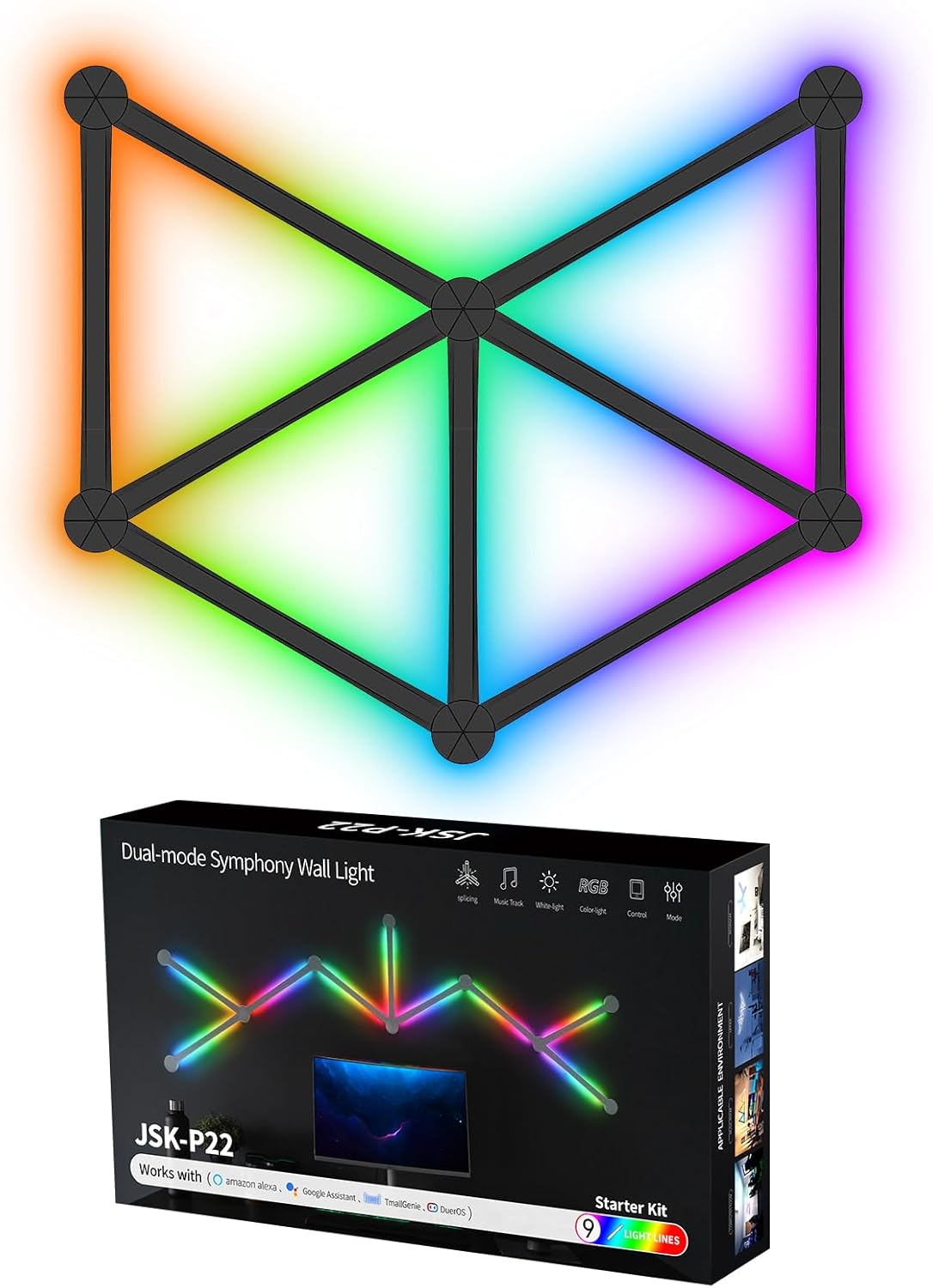 RGB Wall Light, LED DIY Geometry Splicing Gaming Lights, Backlit Modular Wi-Fi Colour Changing Home Decor Lights Work with Alexa and Google Assistant for Game Room, Bedroom (9 Lines, Black)