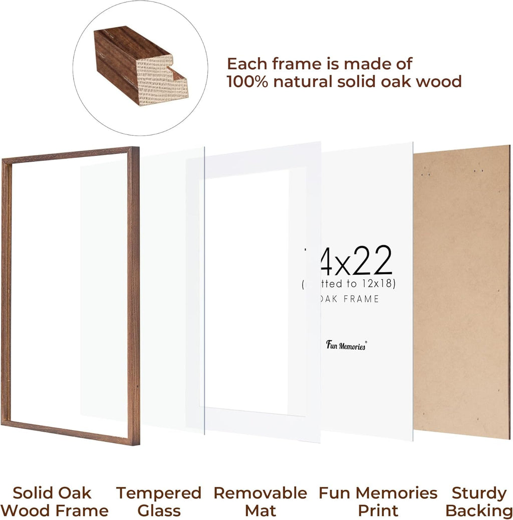 Fun Memories 14x22 Oak Wood Picture Frame, 14"x22" Picture Frame Matted to 12"x18", Photo Frame 14 x 22 with Real Glass, 14x22 Wood Frame for Vertical or Horizontal Hanging (Walnut Color, 1 Pack)