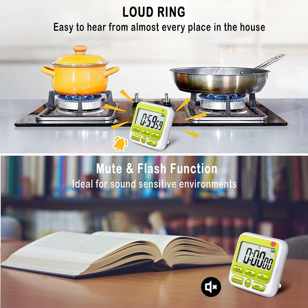 KTKUDY Digital Kitchen Timer with Mute/Loud Alarm Switch ON/Off Switch, 12 Hour Clock & Alarm, Memory Function Count Up & Count Down for Kids Teachers Cooking, Large LCD Display, Strong Magnet (Green)