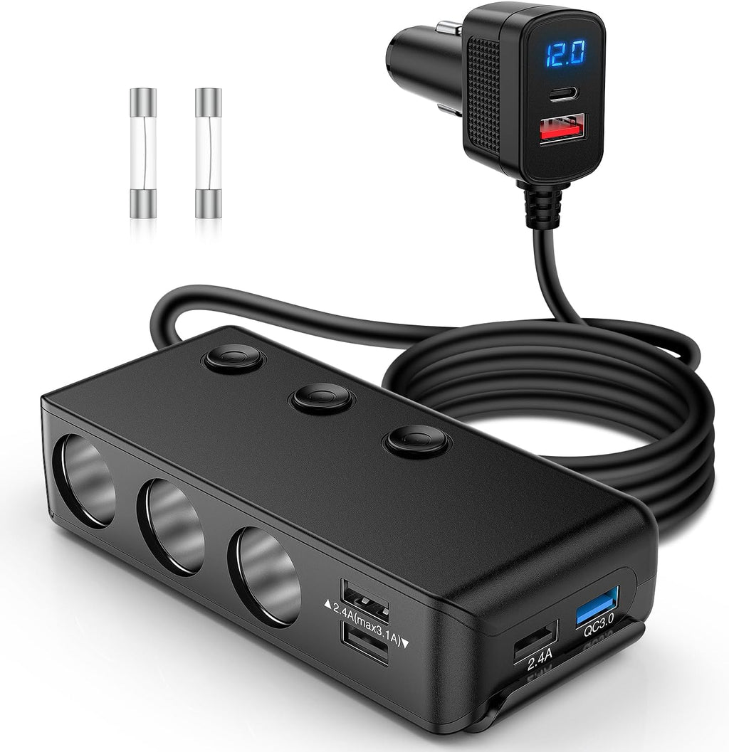 Nilight 9 in 1 Cigarette Lighter Adapter Splitter QC 3.0 3 Sockets 4 USB Ports Power Splitter with PD/QC 3.0 Independent Switches LED Voltage Display for 12V/24V Cars Van Truck Camper