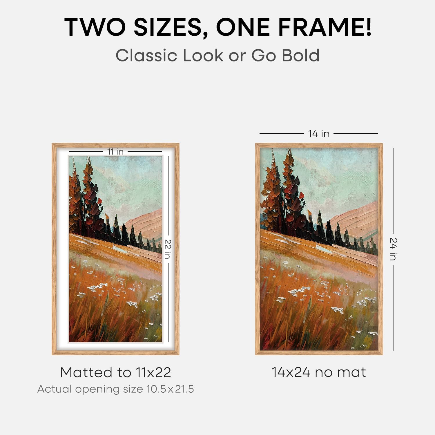Homeforia 14x24 Picture Frame Natural Wood, High End Oak 14x24 Light Wooden Poster Frame with Mat 11x22, 14 x 24 Frames Matted to 11 x 22 Photo, 24x14 Hanging Frame, Tempered Glass, Wall Kit, Set of 1