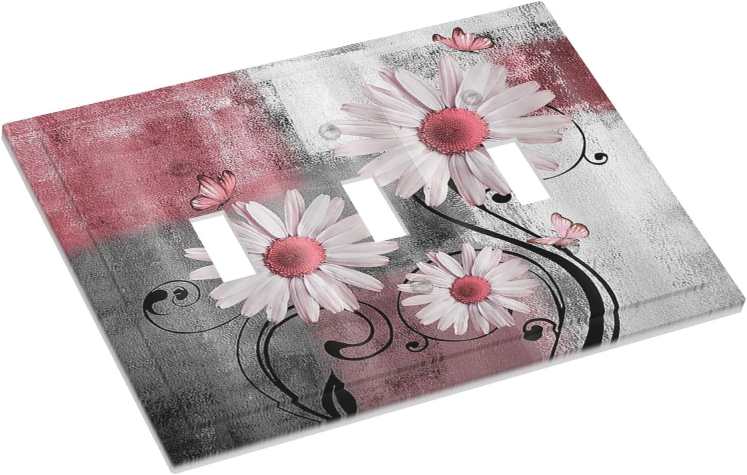 Decorative Switch Plates Pink Floral Rustic Daisy Flower And Butterfly 3 Gang Wall Plate Faceplate Triple Toggle Light Switch Cover Electrical Wall Panels for Farmhouse Cabin Decor