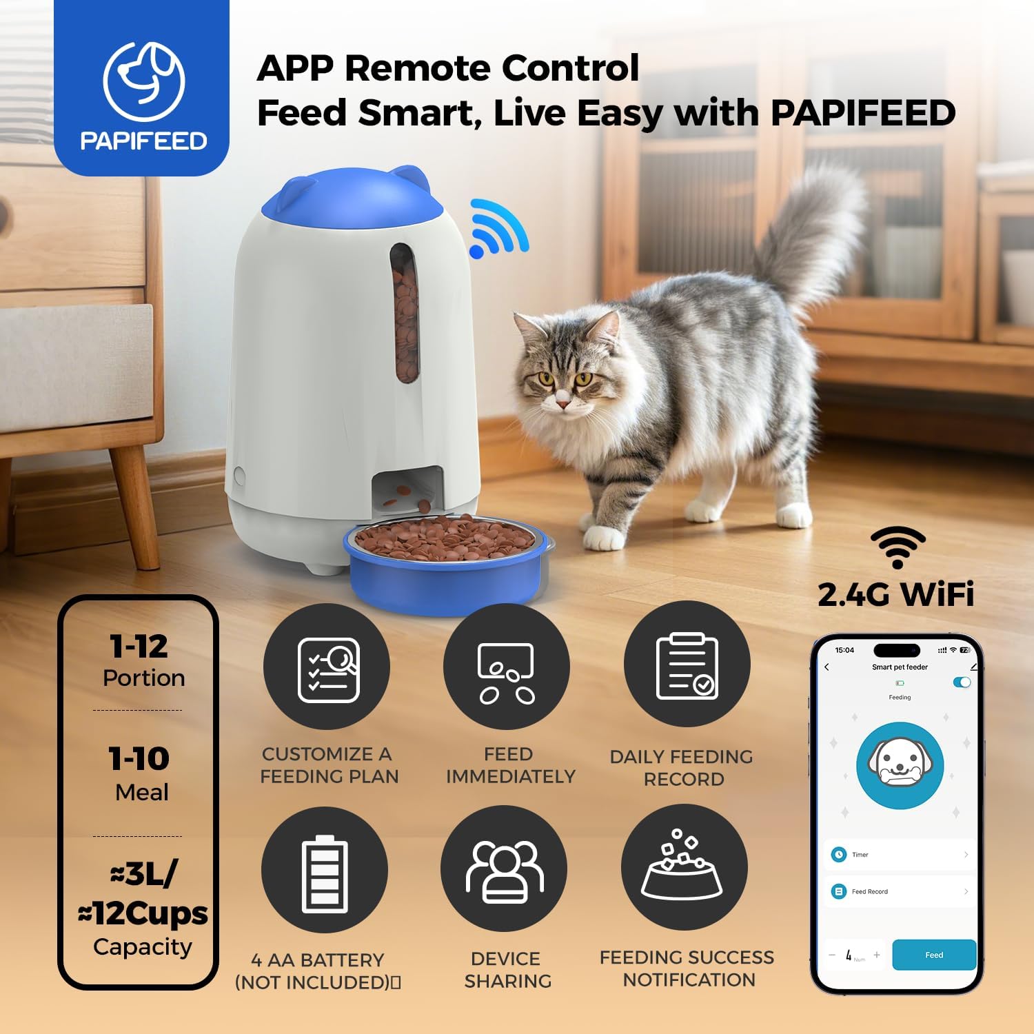 PAPIFEED 3L Automatic Cat Feeder and External Camera, 2.4G WiFi Auto Pet Feeder with App Control and Dual Power Supply, 1080P HD Video with Enhanced IR Night Vision, Two-Way Voice Call Camera, Blue