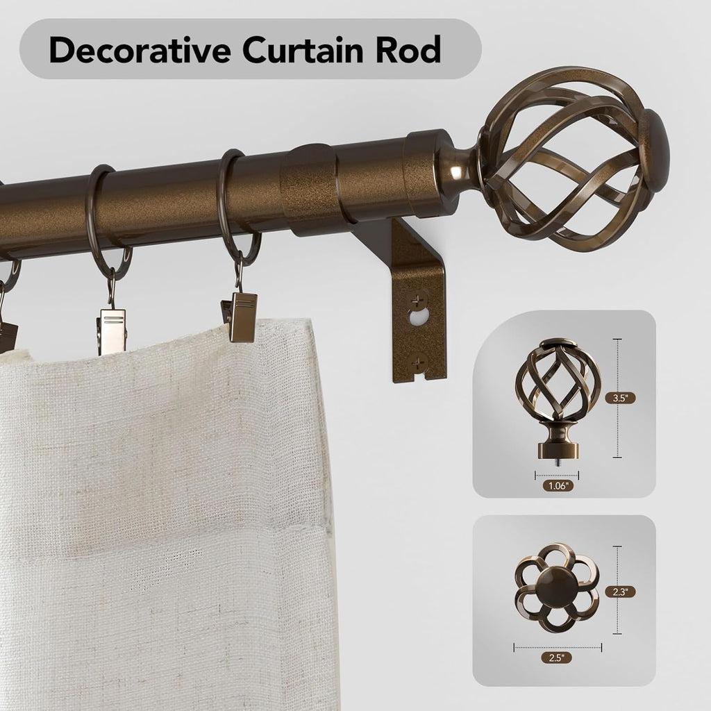 Curtain Rods for Windows 66 to 120, 1 Inch Adjustable Decorative Long Bronze Curtain Rod with Twisted Cage End, Modern Heavy Duty Outdoor Drapery Rods for Patio, Telescoping Splicing, Size 32"-120"