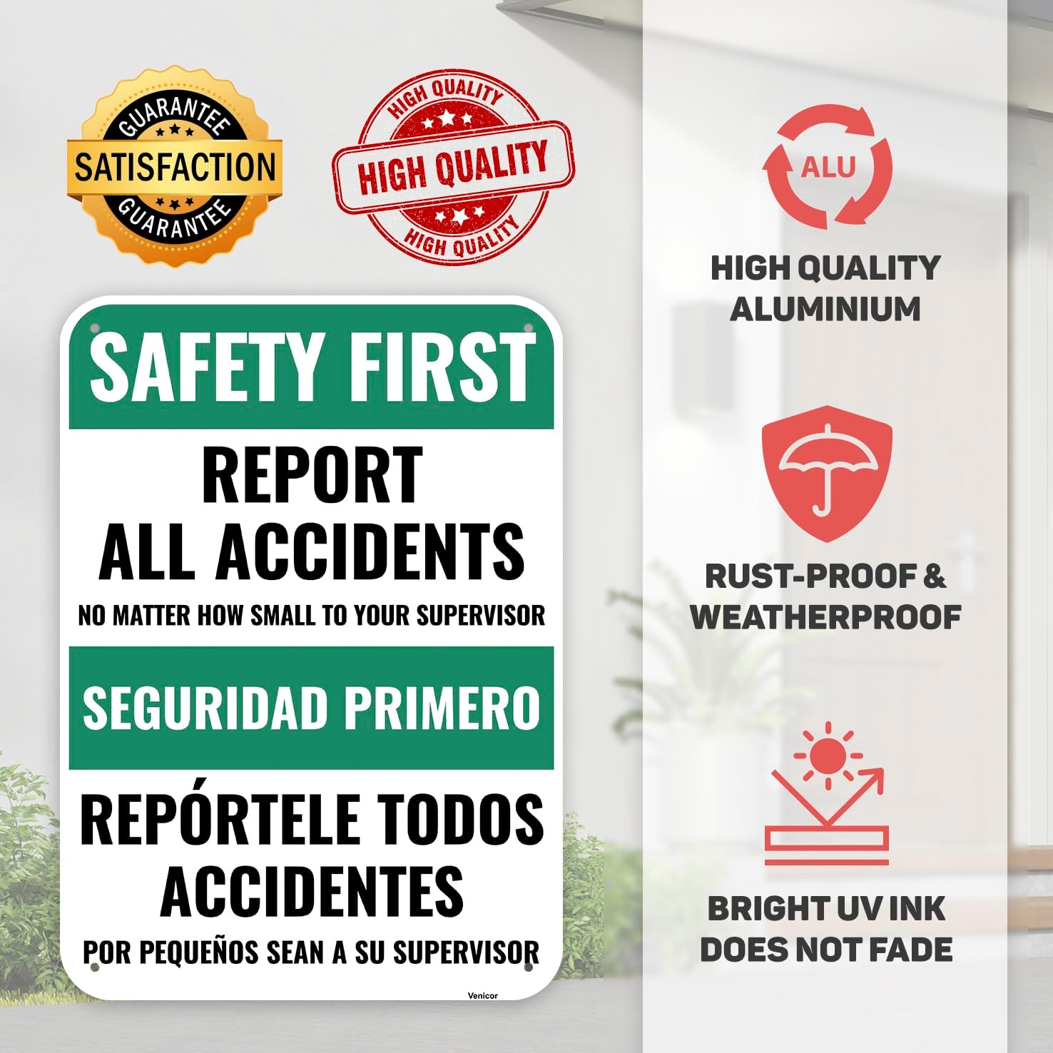 1PC Safety Sign, 14 x 10 Inches - Aluminum - Safety Decorations Posters For Workplace - Bilingual Spanish