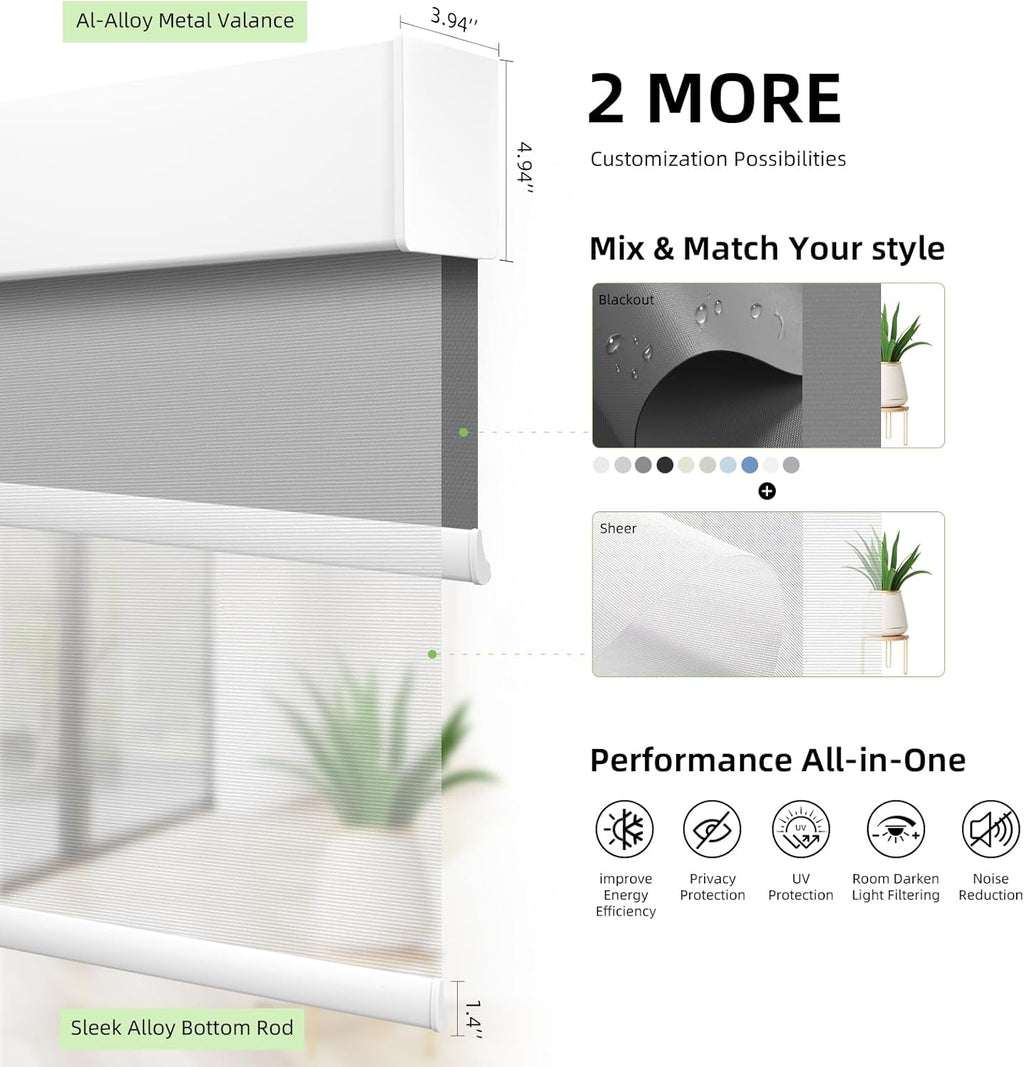 ZSTARR Motorized Day and Night Dual Smart Blind for Window with Valance Rechargeable Motor,Blackout Roller Shade Custom Size,with Valance Suitable for Home,Office (Full Blackout Dark Grey)
