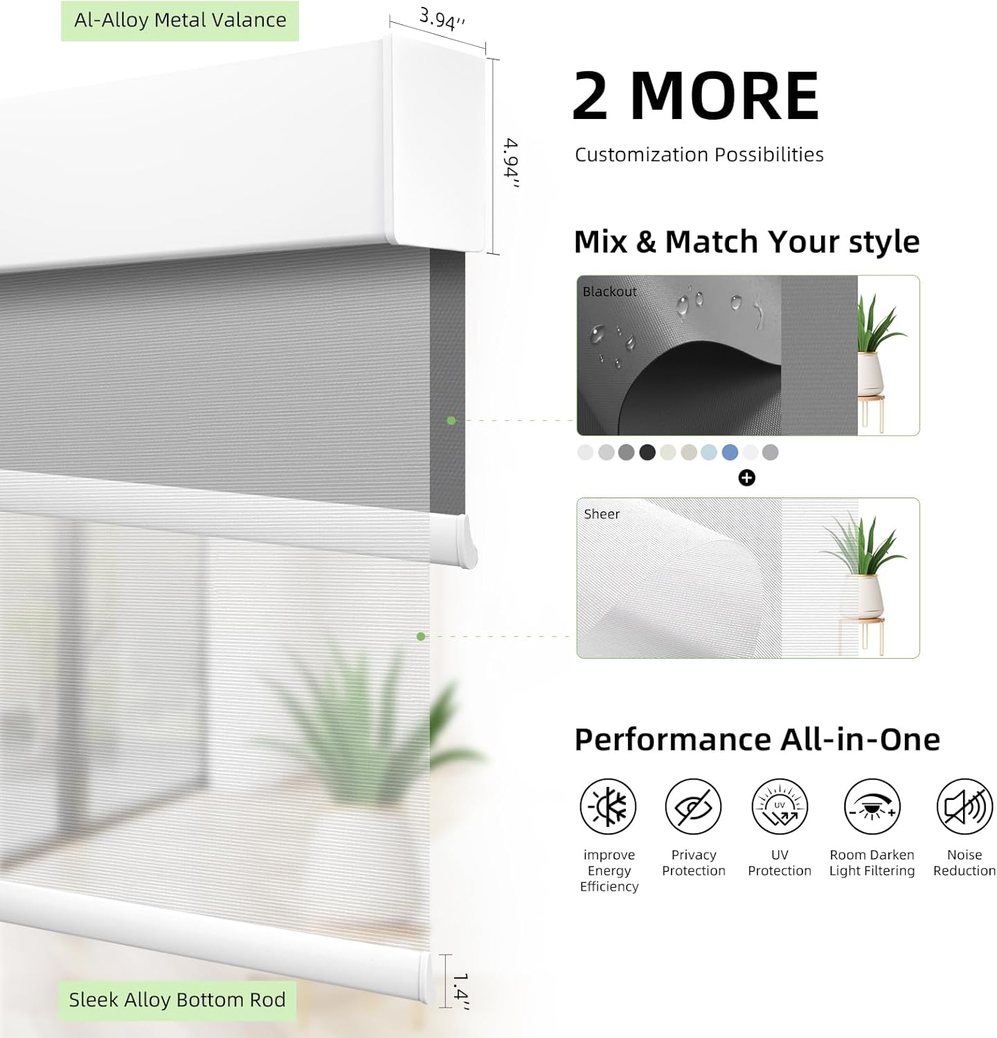 ZSTARR Motorized Day and Night Dual Smart Blind for Window with Valance Rechargeable Motor,Blackout Roller Shade Custom Size,with Valance Suitable for Home,Office (Full Blackout Dark Grey)