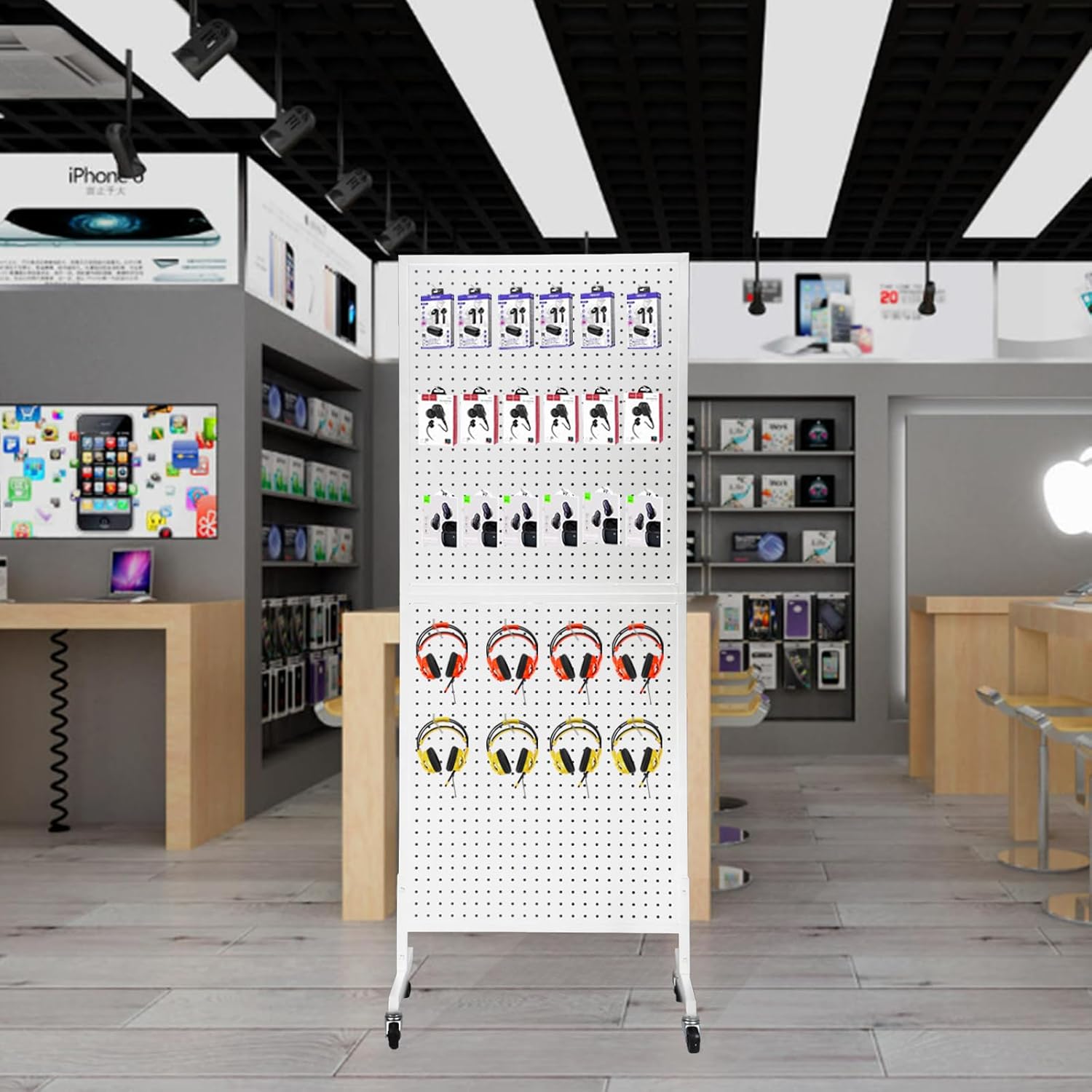 Eastern Tree Metal Pegboard Display Stand 2'x 5' with 30 Hooks, Pegboard Panels Display with Wheels, Peg Board Display Rack, Standing Pegboard Display- White