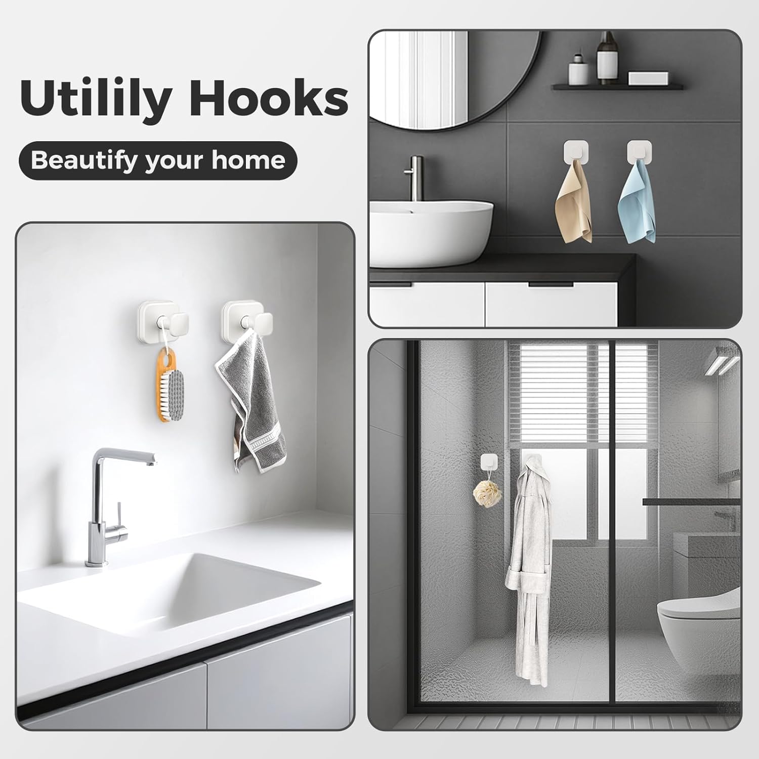 Shower Hooks for Inside Shower,Reusable Suction Cup Hooks for Glass Window,Mirror,Removable Towel Hooks for Bathroom,2 Pack(White)