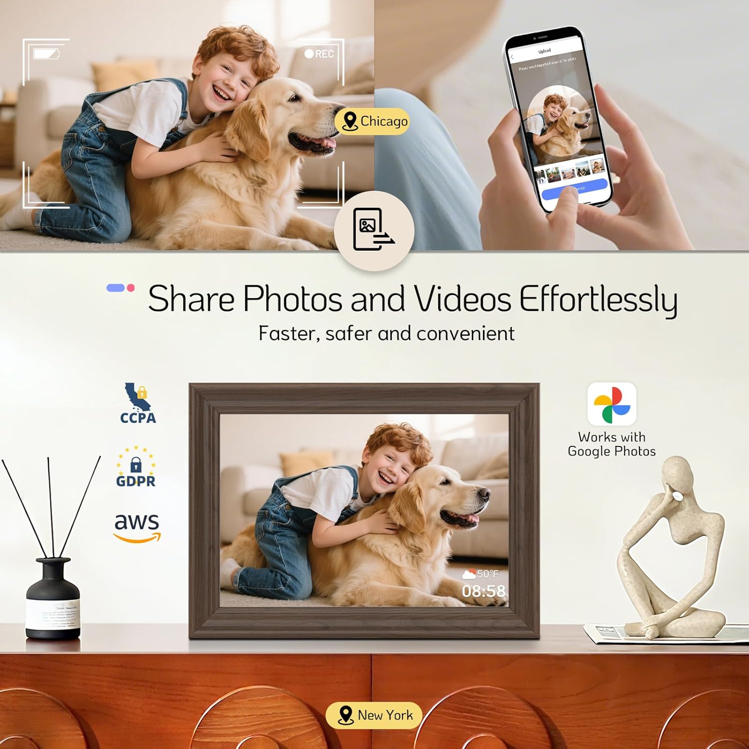 NexFoto 13.5" Touchscreen Digital Picture Frame 3K Resolution, WiFi Electronic Photo Frame 64GB, Add Pics from Google Photos, Share Photos/Videos via App/USB, Gifts for Mom Christmas, Walnut