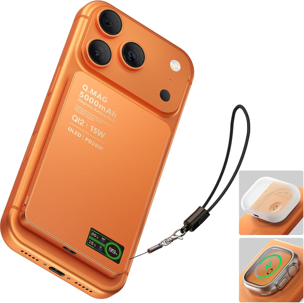 Magnetic Power Bank with iWatch Charger, Ultra-Slim 5000mAh Qi2 15W Wireless Mag-Safe Battery Pack with LCD Display, PD 20W Fast Portable Charger for iPhone Air/17/16/15/14 Series/Apple Watch