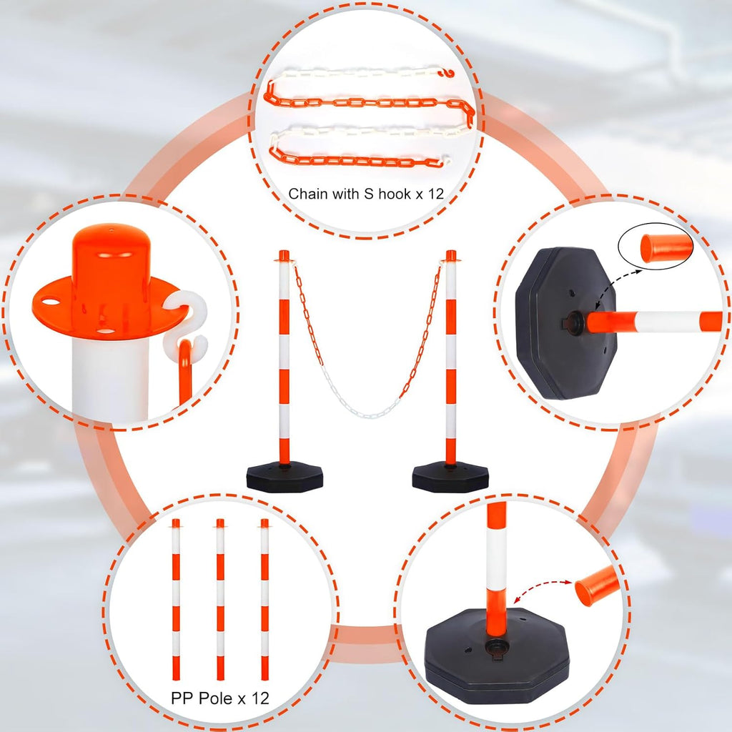 Amylove 12 Packs Traffic Delineator Post Cone with Base, Traffic Cones Safety Cones Caution Cones Plastic Stanchion Chain Safety Barriers with 6.6 Feet Link Chain and S Hooks for Parking Lot (Orange)