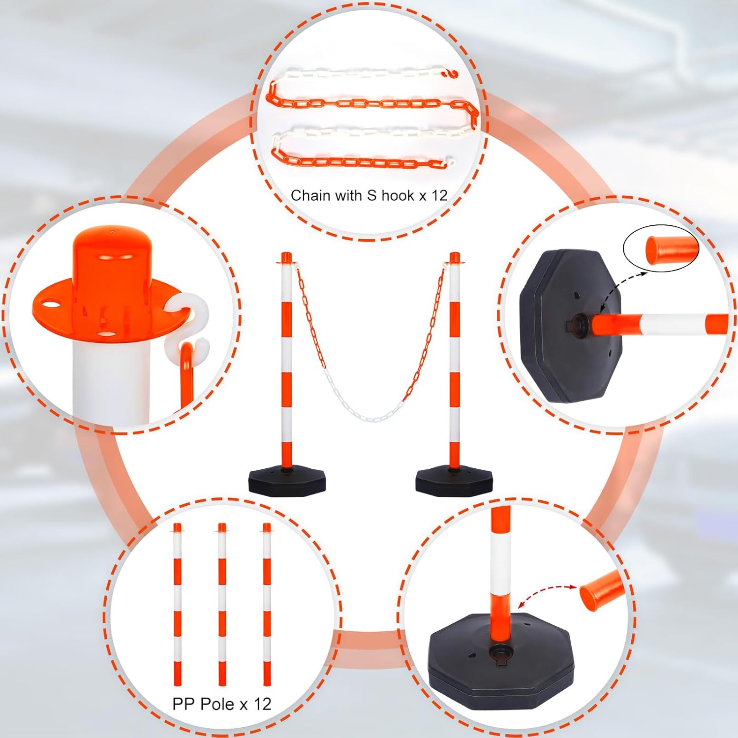 Amylove 12 Packs Traffic Delineator Post Cone with Base, Traffic Cones Safety Cones Caution Cones Plastic Stanchion Chain Safety Barriers with 6.6 Feet Link Chain and S Hooks for Parking Lot (Orange)