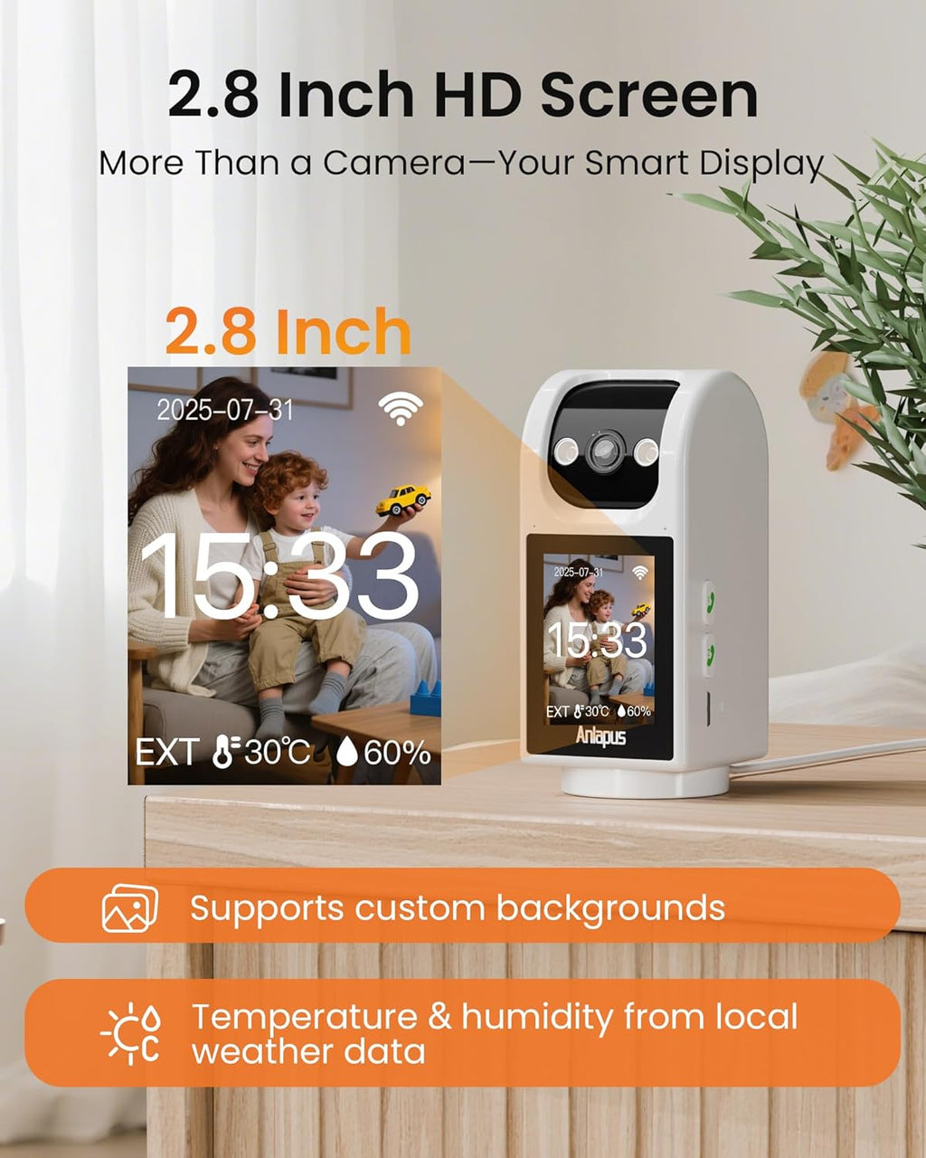 Anlapus C520M 5MP PT Plug-in Indoor Security Camera with 2.8 inch HD Screen, 3K Pet Camera with Phone App, 360 View, 2-Way Talk, AI Person/Motion/Pet Detection, Auto Tracking, for Pet Baby Elderly