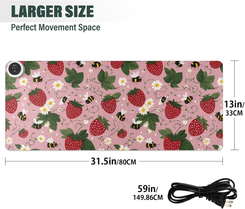 Heated Desk Pad Mouse Pad 31.5x13 Inch PU Leather Desk Mat with 3 Heat Levels Large Mouse Gaming Computer Laptop Mat Pink Bees Flowers Strawberry
