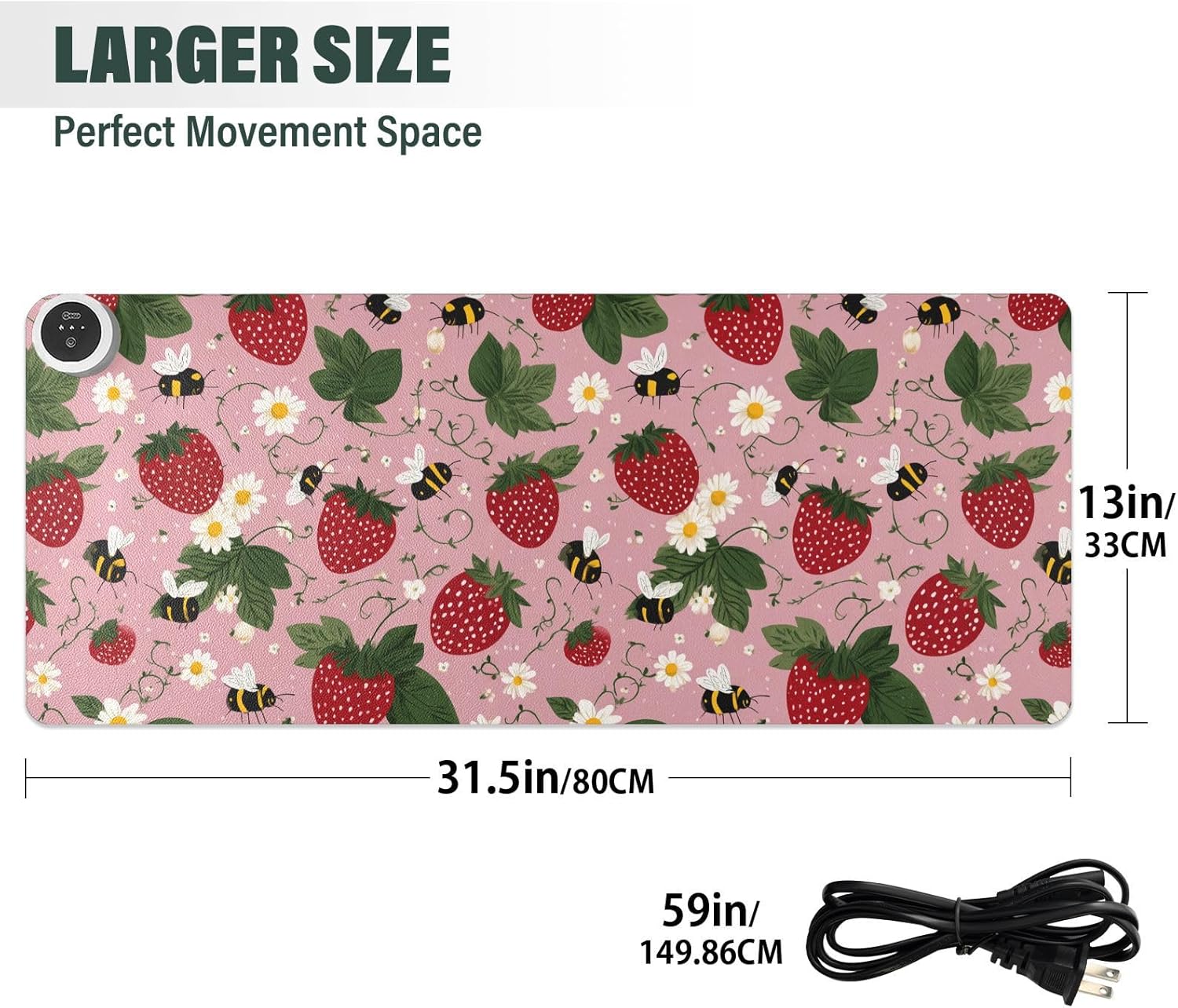 Heated Desk Pad Mouse Pad 31.5x13 Inch PU Leather Desk Mat with 3 Heat Levels Large Mouse Gaming Computer Laptop Mat Pink Bees Flowers Strawberry