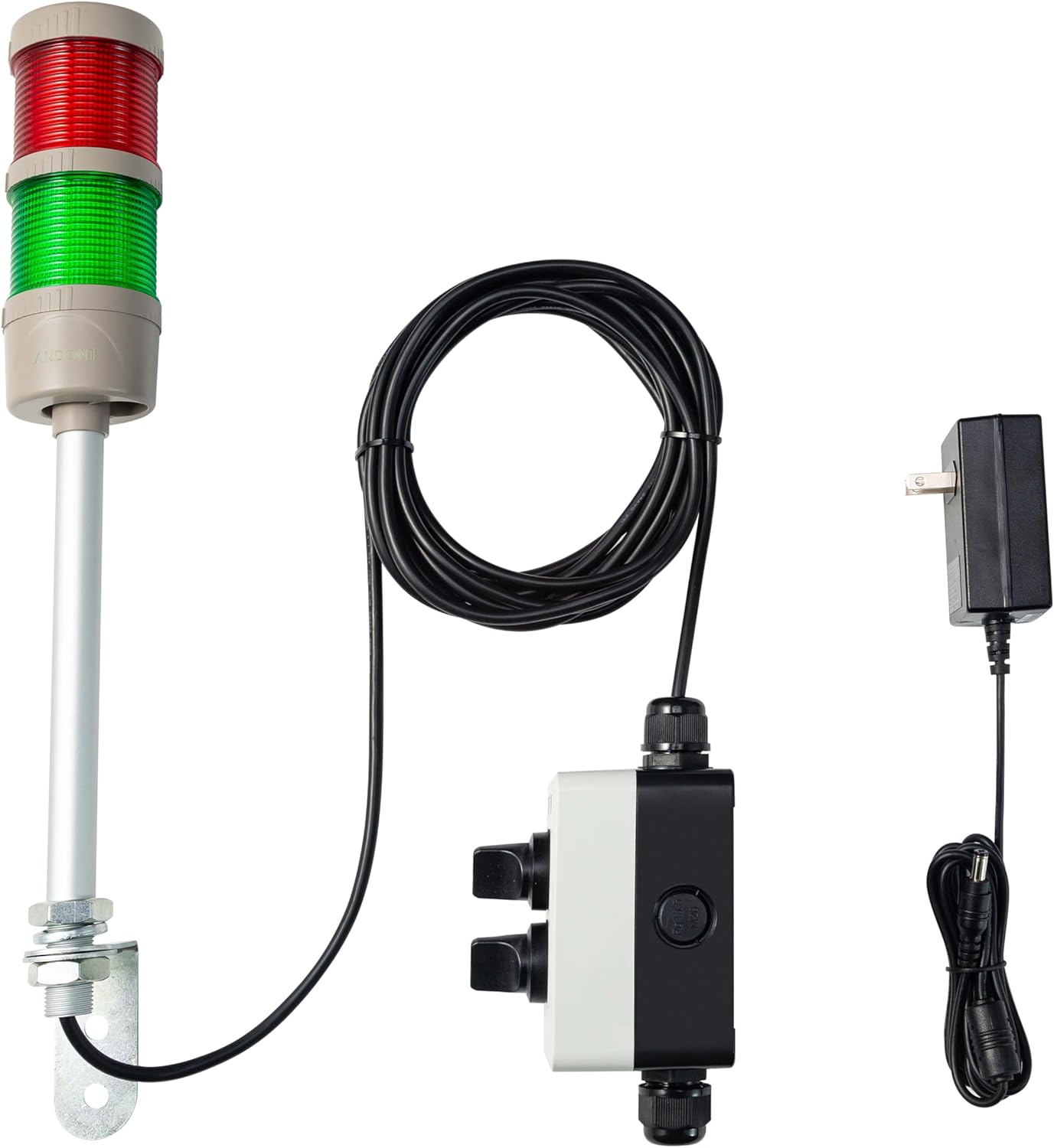 2 Stack Super Bright LED Andon Tower Lights with Buzzer, Red/Green, Off-ON or Flash,16 ft Extension Cord, 6 ft Industrial Adapter, Plug Play Ready – for Manufacturing & Industrials, Automotive