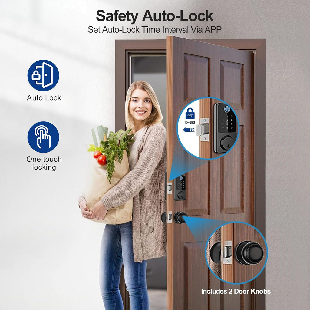 Smart Door Lock with Door Knobs, Fingerprint Door Lock with Handle, Black Smart Lock Round Handles for Home, Apartment