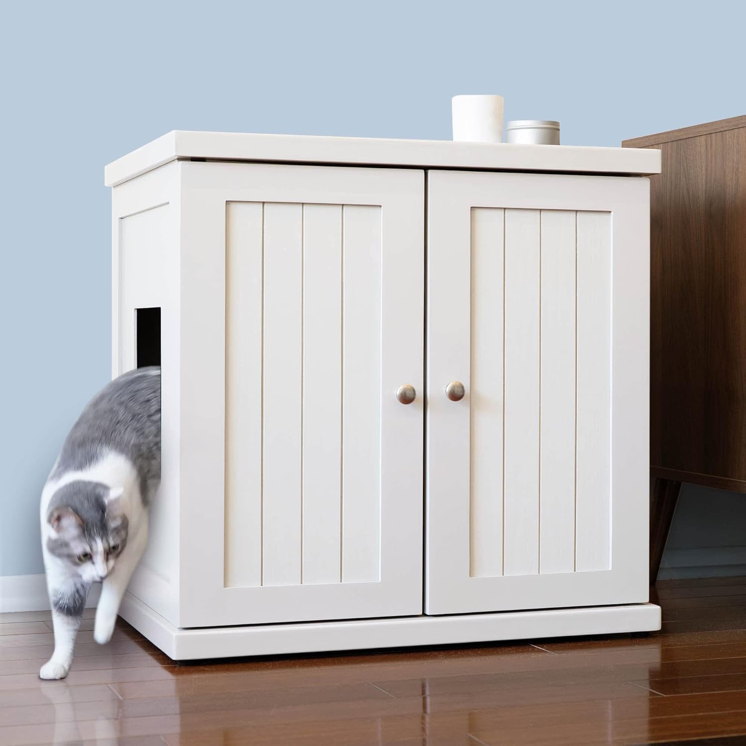 The Refined Feline Cat Litter Box Enclosure Cabinet, Cottage, White, Adjustable Levelers, XLarge, Hidden Litter Cat Furniture with Drawer