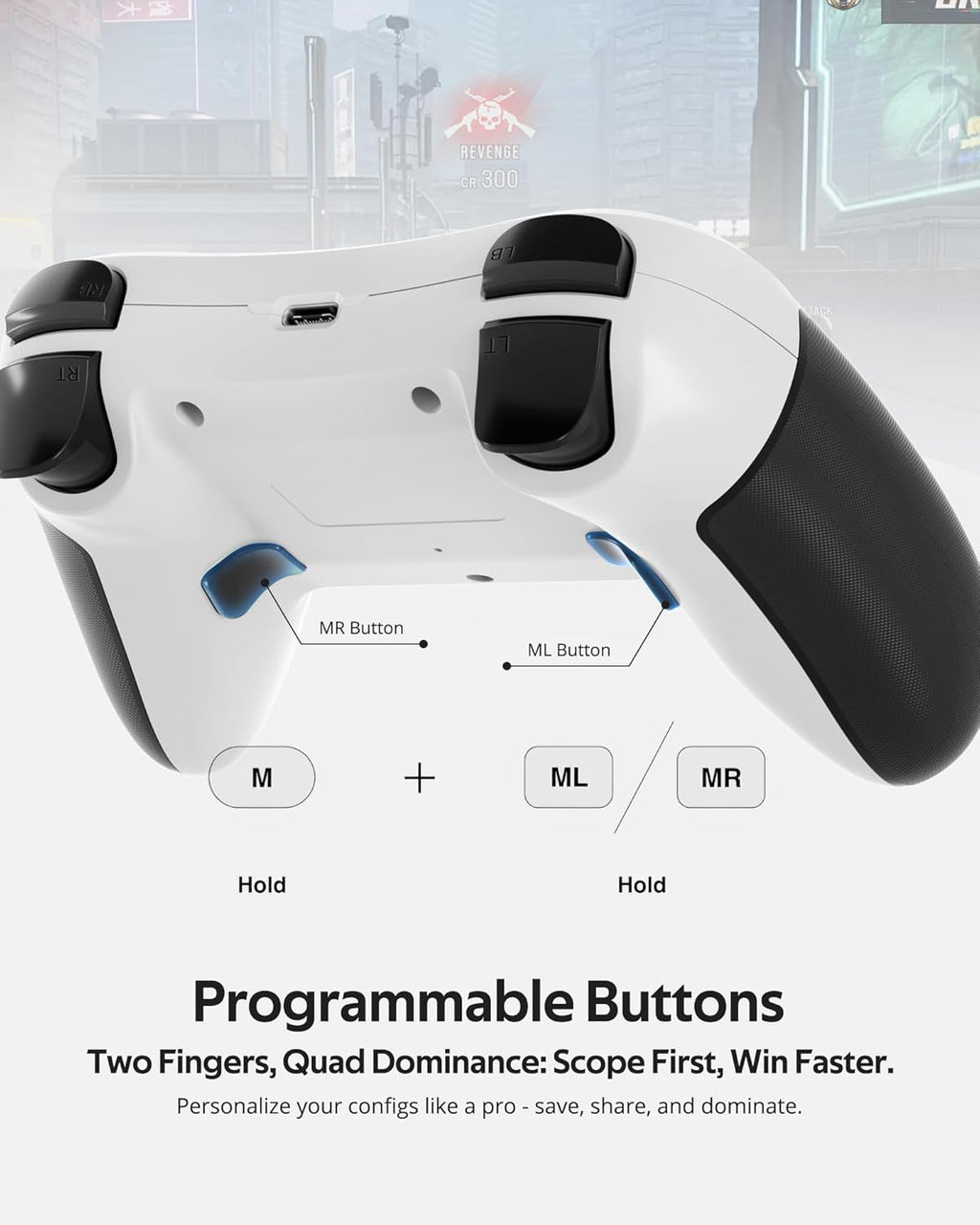 abxylute C5P Wireless Gaming Controller for PC/Switch/iOS/Android/PS3/PS4/Steam/MAC, 2.4 GHz Hall Effect Stick & Trigger Turbo-Remappable Back Buttons Rubberized Grip Console Layout Gamepad Vibration