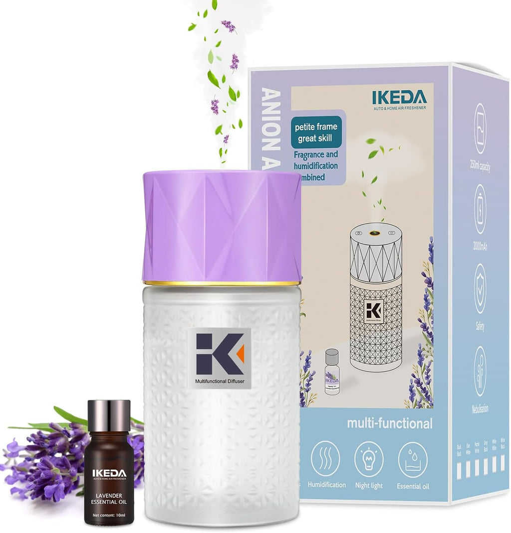 Ikeda Wireless Essential Oil Diffuser, Mini Negative Ion Mist Humidifier with Night Light & Auto Shut-Off, 250mL Lavender Scent for Room, Home, Car&Office