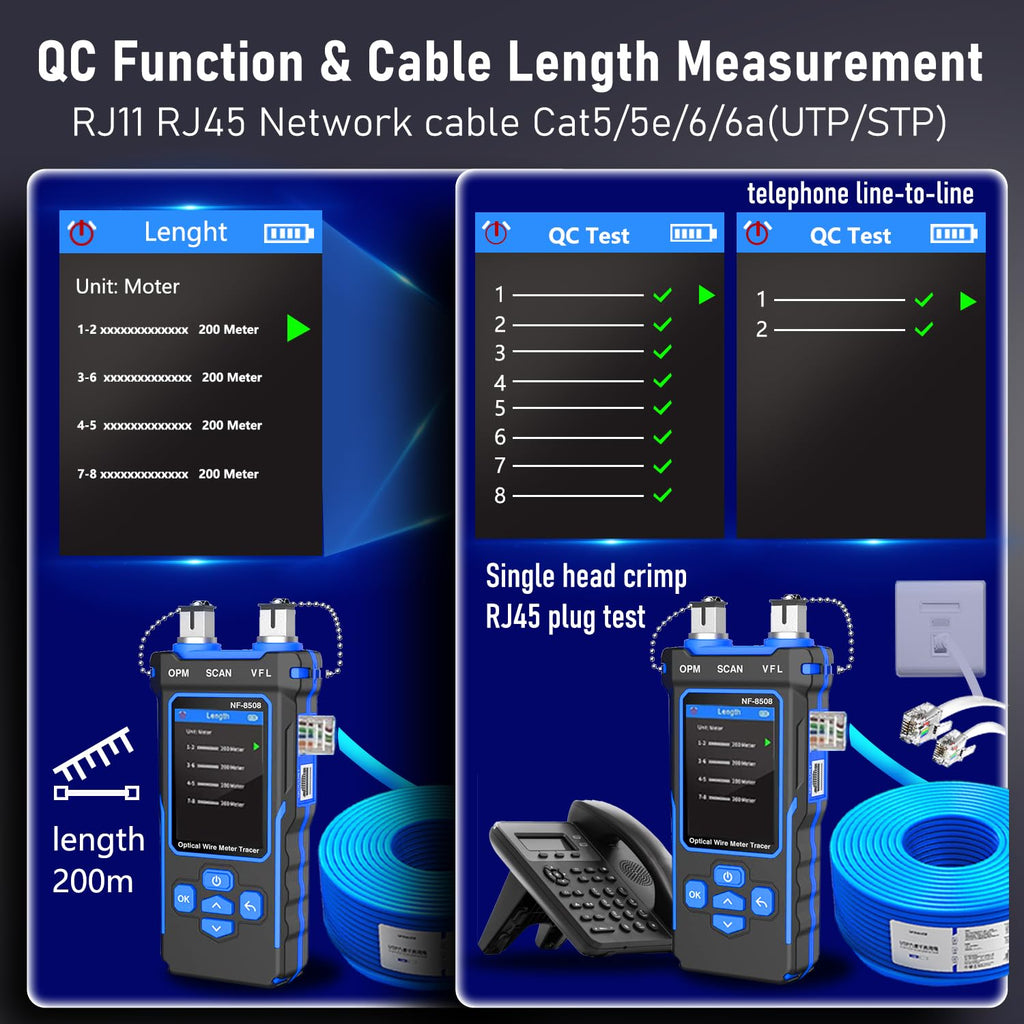 YILTION NF-8508 Network Cable Tester with Optical Power Meter VFL, RJ11 RJ45/PoE Tester/CAT5 CAT6/length Measurement, Telephone line Trace Meter with Headset, Network Tools