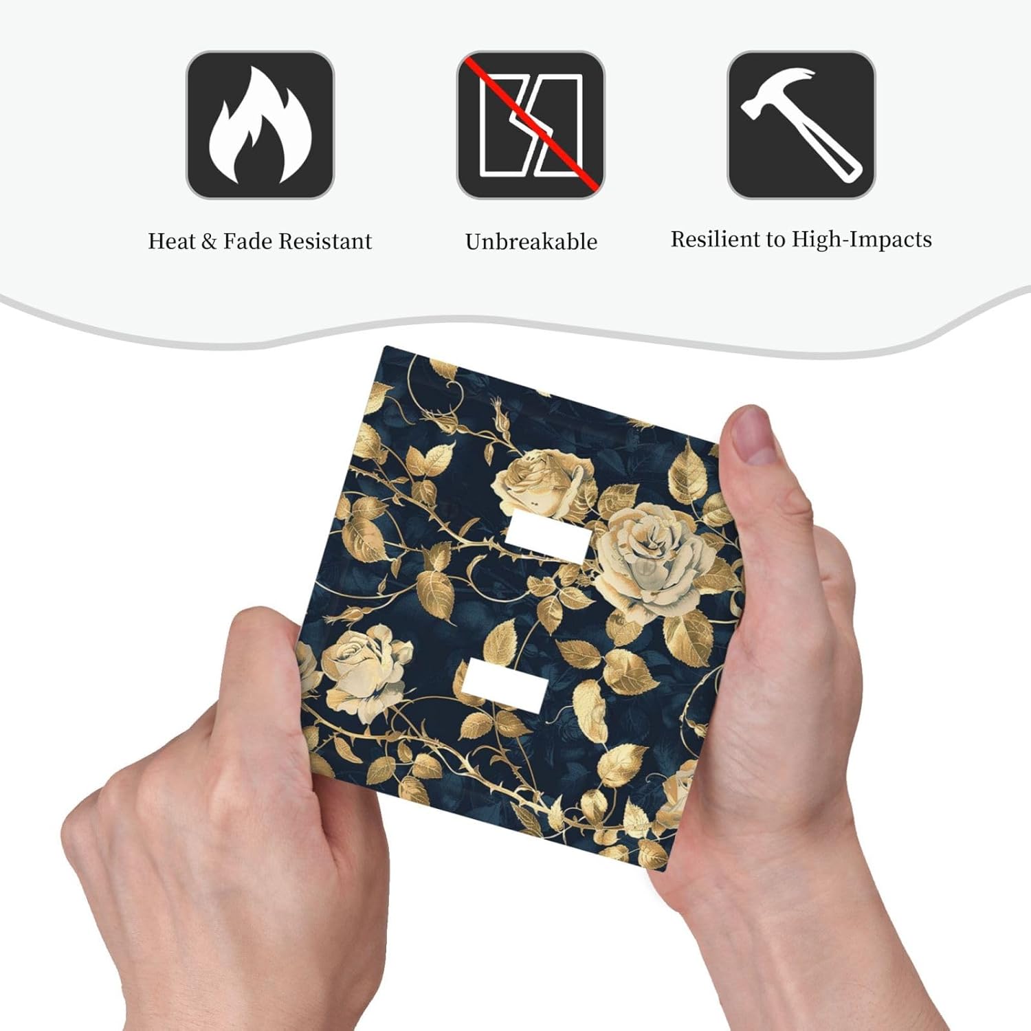 Decorative Switch Plates Boho Vintage Floral Golden Flower Dark Blue Background 2 Gang Double Toggle Outlet Light Switch Cover Wall Plate Electrical Faceplate for Bedroom living Room Decor