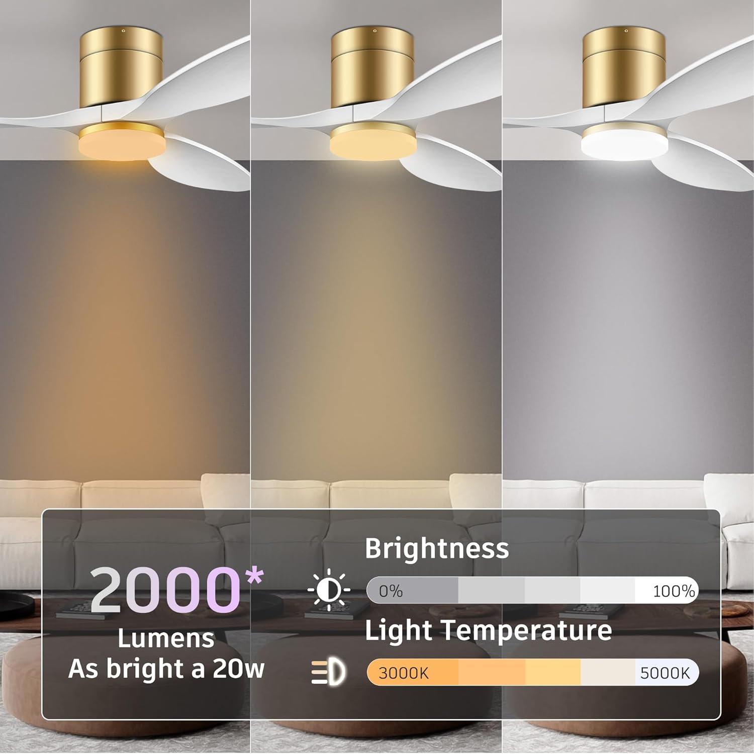 cumilo 52" Smart Ceiling Fans with Remote,Quiet DC Motor,Dimmable,Low Profile Outdoor Indoor Ceiling Fan,Compatible with Alexa Google Voice App,for Modern Flush Mount Bedroom Patio,Gold and White