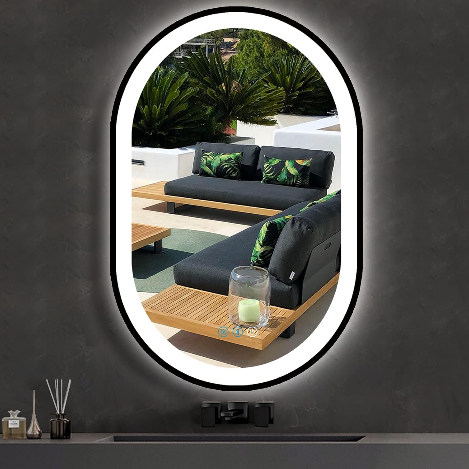 36 x 24 Inch Black Oval LED Mirror for Bathroom Salon Wall Horizontal/Vertical Mounted 36 Inch Black Frame Oval Lighted Mirror with Lights Smart Memory 3 Color Dimmable Front Lights Antifog