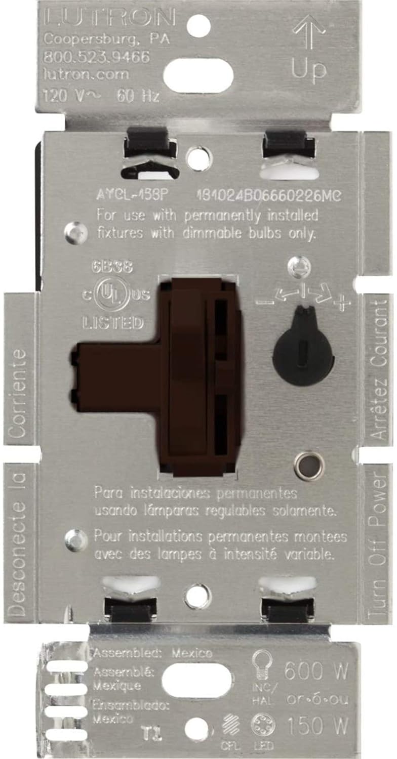 Lutron Ariadni/Toggler LED+ Dimmer Light Switch for Dimmable LED, Halogen and Incandescent Dimmer Switch, 150W, Single-Pole/3-Way, AYCL-153P-BR, Brown