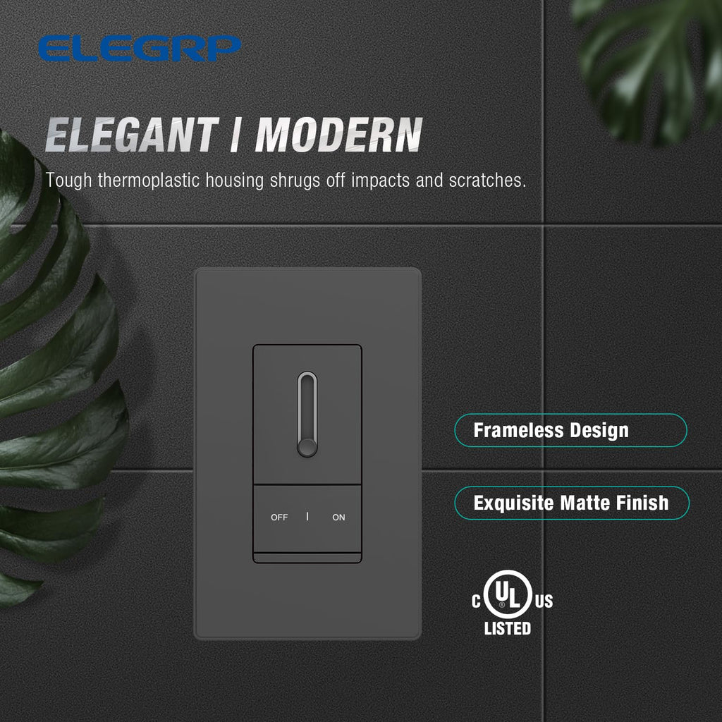 ELEGRP Slide Dimmer Switch for Dimmable LED, CFL and Incandescent Light Lamp Bulbs, Single Pole or 3-Way, Full Control with Preset, Rocker Paddle, Wall Plate Included, UL Listed (2 Pack, Matte Black)