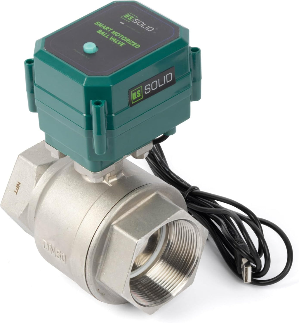U.S. Solid 2" Smart Motorized Ball Valve - Remote App Mobile Control Stainless Steel Electrical Ball Valve with Manual Switch, 5V DC USB Connection