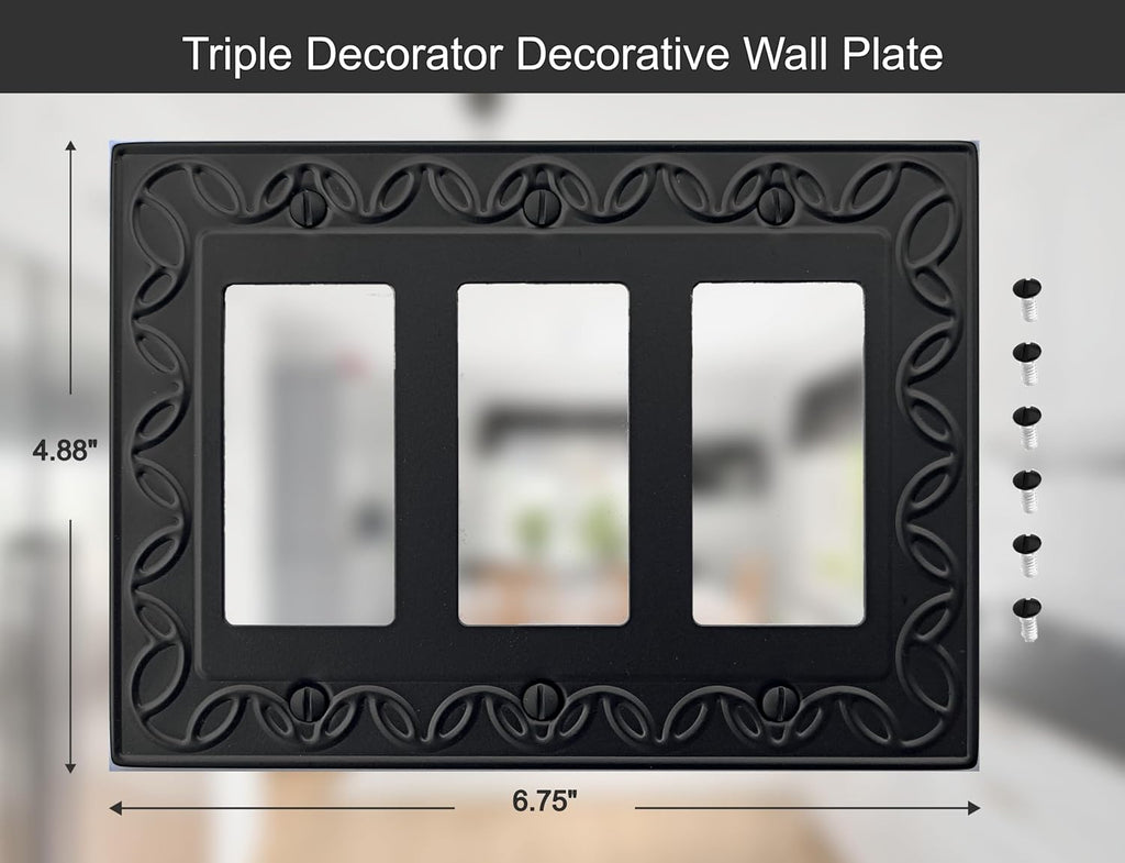 Triple Decorator Light Switch Cover NovaBloom Metal Wall Plate, 2-Pack Black 3 Gang Triple Rocker, Receptacle Dimmer Switch Cover GFCI Outlet Decorative Wallplate, Durable