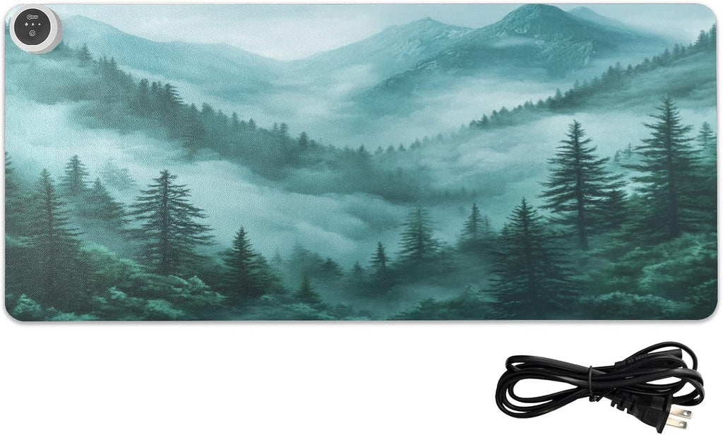 Heated Desk Pad Mouse Pad 31.5x13 Inch PU Leather Desk Mat with 3 Heat Levels Large Mouse Gaming Computer Laptop Mat Foggy Green Mountains and Pine Trees