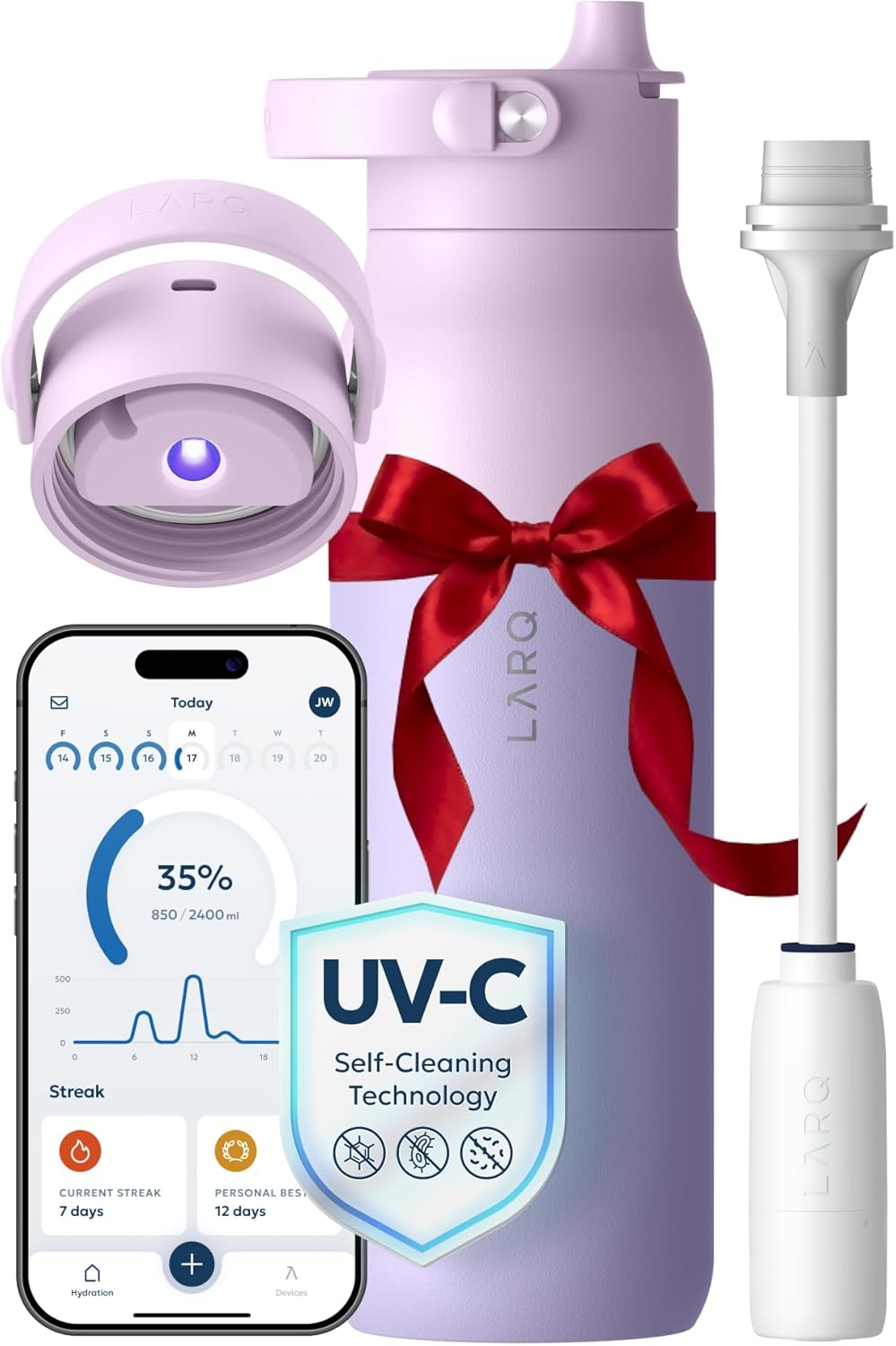 LARQ Bottle PureVis 2 - UV Water Purifier with Self-Cleaning, App Hydration Tracking, Filter Straw, Detachable Handle, Double-Wall Insulated