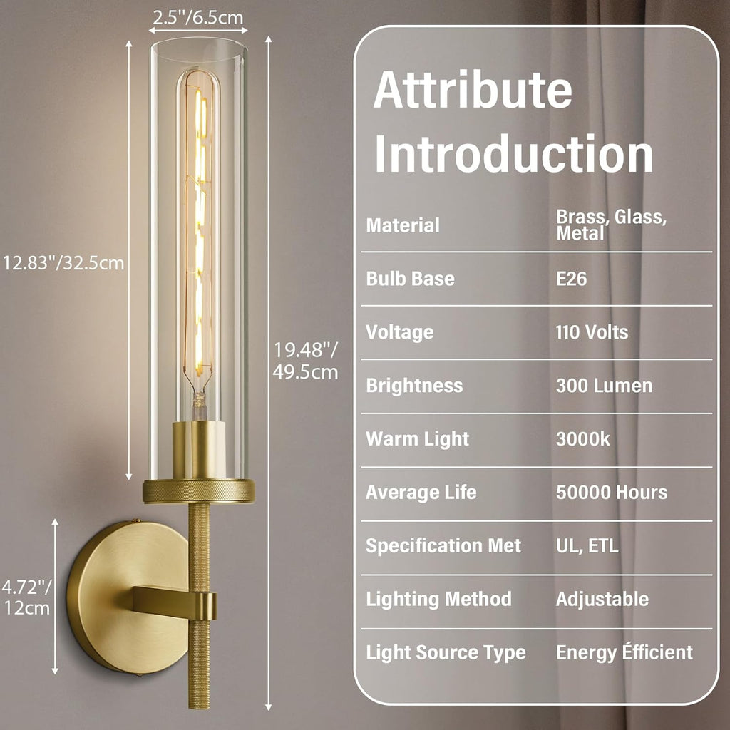 Gold Wall Sconces Set of Two, 19.48" Knurled Gold Wall Lighting with Glass Tube, Modern Brass Sconces Wall Lamp for Bedroom Living Room Bathroom Hallway Staircase & Vanity Mirror(Including Bulb)
