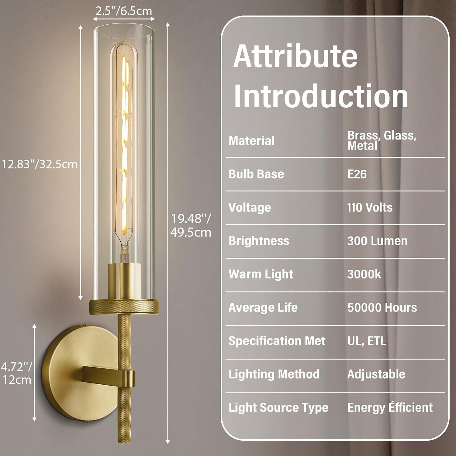 Gold Wall Sconces Set of Two, 19.48" Knurled Gold Wall Lighting with Glass Tube, Modern Brass Sconces Wall Lamp for Bedroom Living Room Bathroom Hallway Staircase & Vanity Mirror(Including Bulb)