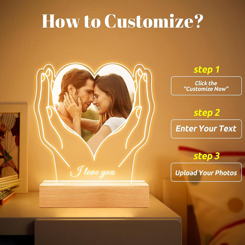 Personalized Picture Frame with Photo, Customized Photo Frame with Night Light, Custom Picture Frames, Personalized Anniversary Valentines Day Gifts for Women Men Her Him Girlfriend Boyfriend Couple