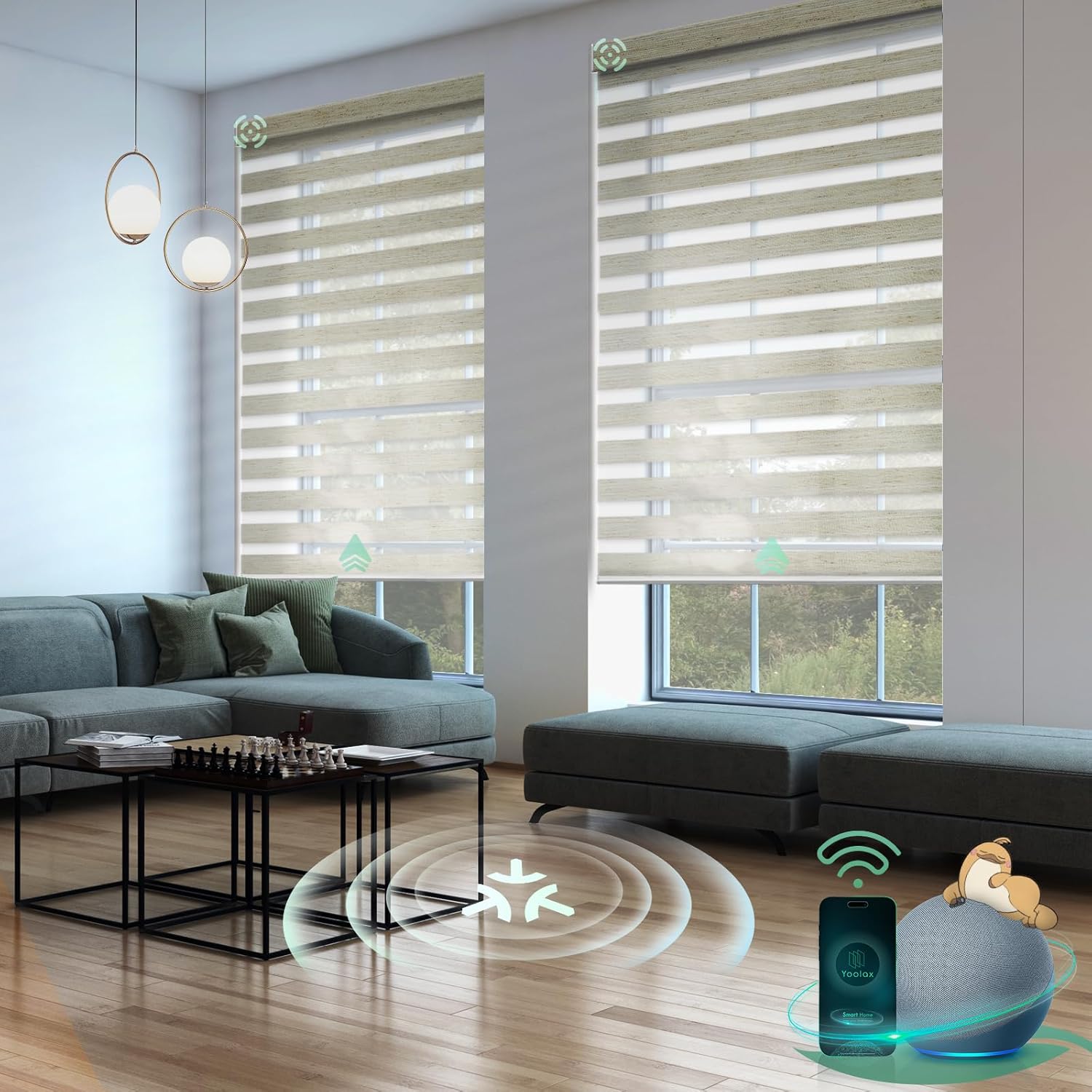 Yoolax Motorized Matter Zebra Blinds Compatible with Alexa, Google Home, Apple HomeKit, Light Filtering Dual Layer Sheer Blinds, Privacy Light Control Horizontal Window Blind (75% Jungle Linen)