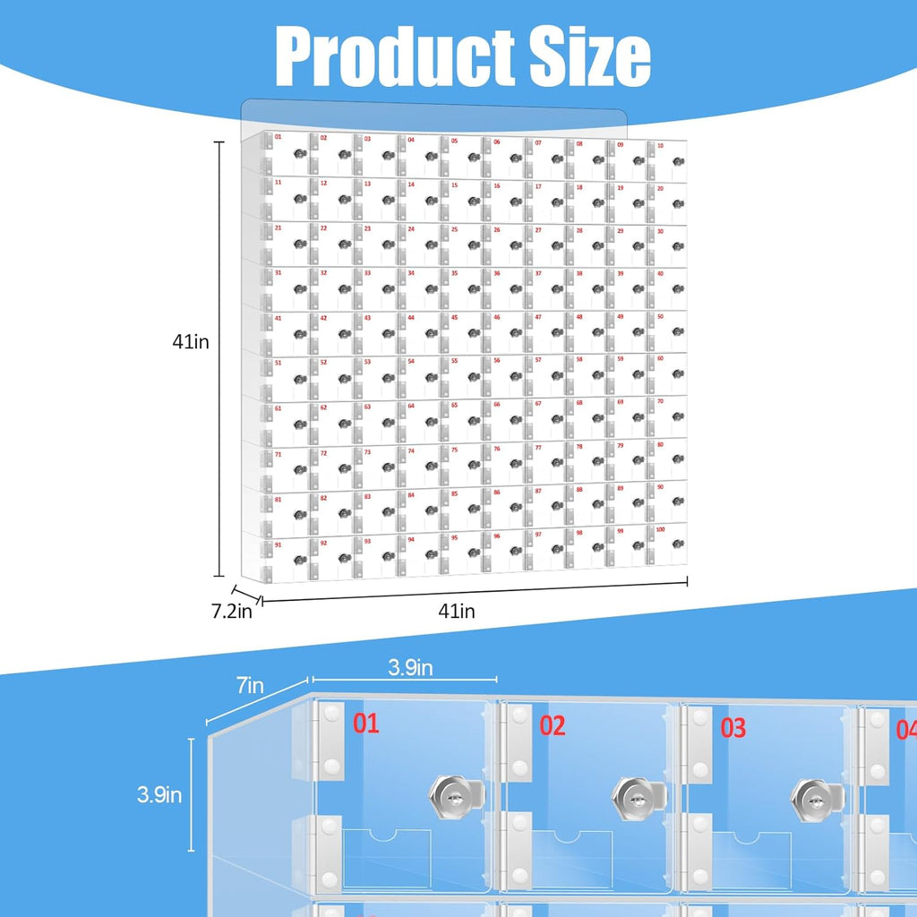 Cell Phone Locker 100 Slots Acrylic Cell Phone Lock Box with Door Locks and Keys, Wall-Mounted Cell Phone Storage Cabinet for Office Classroom Gym Firms, Clear Lockers for Storage (Large 100 Slots)