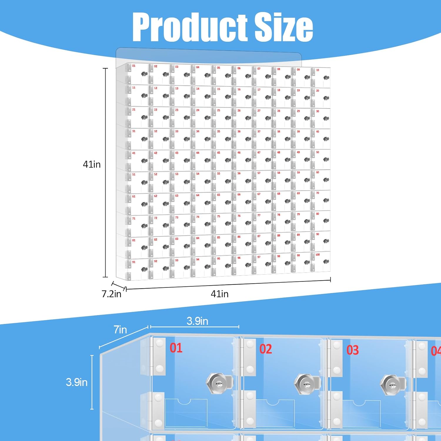 Cell Phone Locker 100 Slots Acrylic Cell Phone Lock Box with Door Locks and Keys, Wall-Mounted Cell Phone Storage Cabinet for Office Classroom Gym Firms, Clear Lockers for Storage (Large 100 Slots)
