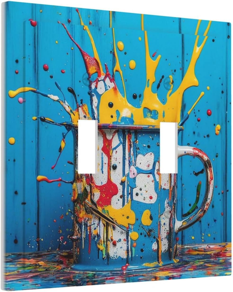 Decorative Light Switch Cover Plate Colorful Paint Splatters Blue Wood Plank 2 Gang Wall Plate Oversized Double Toggle Two Switch Wall Cover Plate Dual Device Faceplate