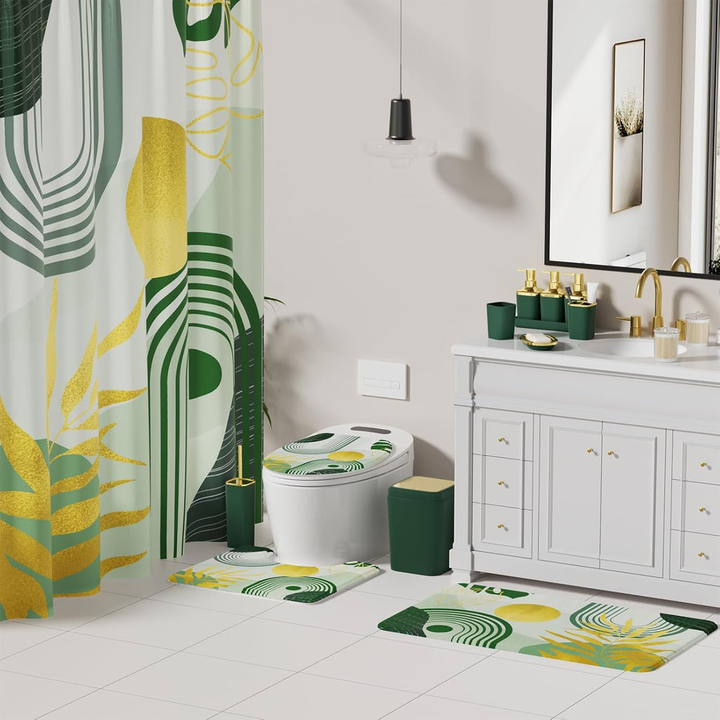 Bathroom Set - Bathroom Sets with Shower Curtain and Rugs, Bathroom Accessory Set, Dark Green Bathroom Accessories Set with Trash Can, Toilet Brush and Soap Dispensers